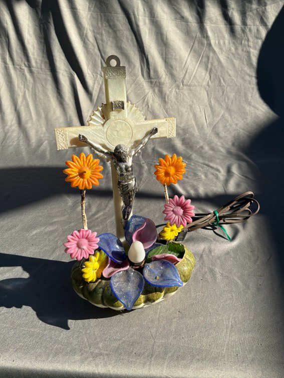 Illuminated Crucifix Lamp with Glass Floral Base