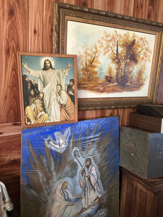 Framed Landscape Painting, Religious Print, and Nativity Panel