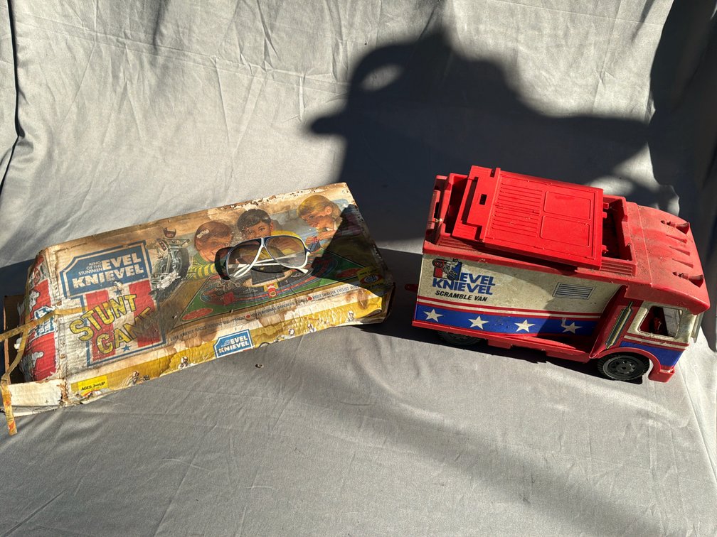 Toy Scramble Van, Stunt Game Box, and Sunglasses