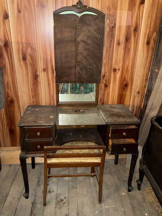 Wood Vanity Desk with Tri-Fold Mirror and Bench