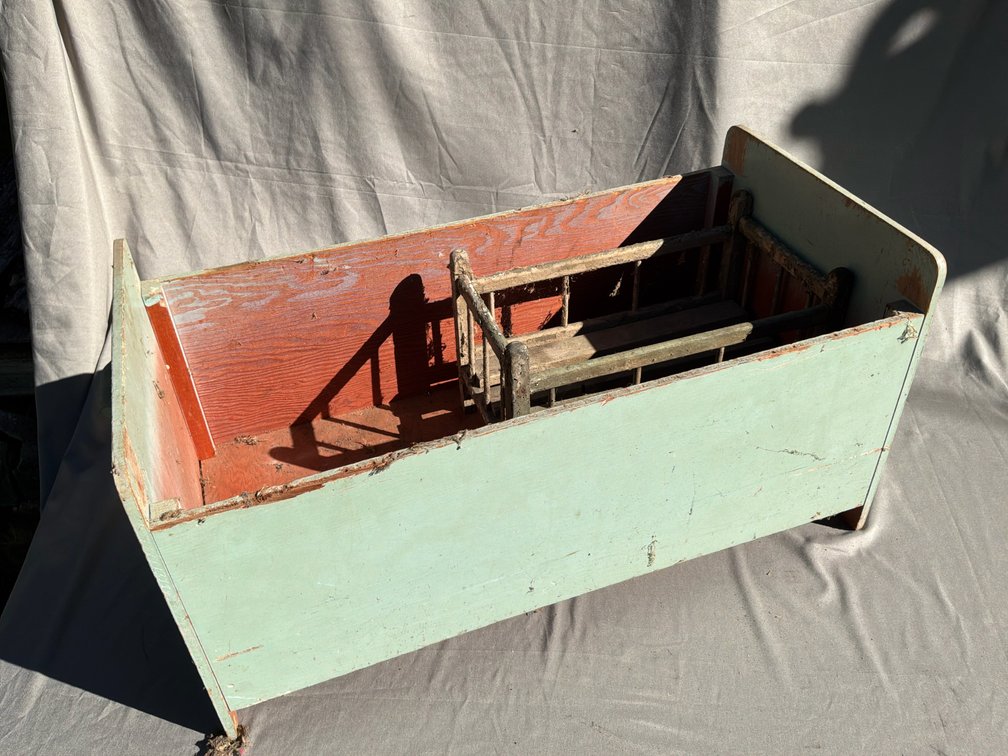 Painted Wooden Toy Chest and Miniature Doll Crib