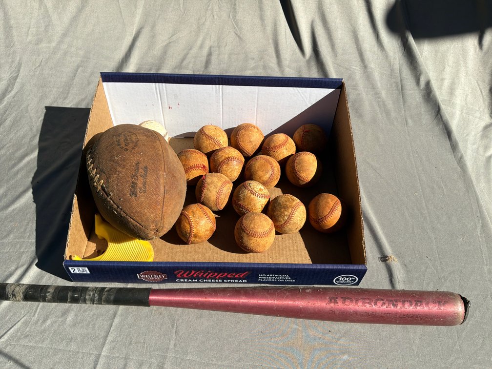 Baseball Bat, Football, Baseballs, and Kicking Tee