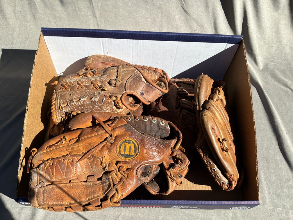 Five Brown Leather Baseball Fielders' Gloves