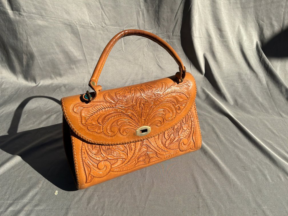 Tooled Tan Leather Floral Motif Handbag