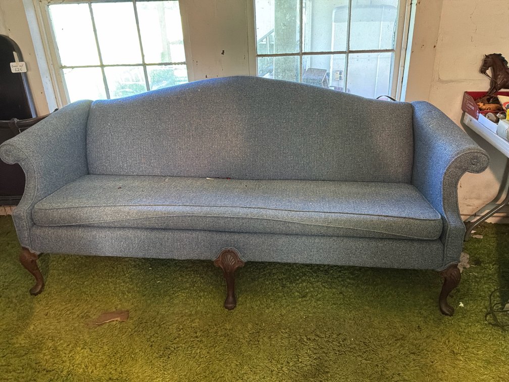 Blue Upholstered Camelback Sofa with Cabriole Legs