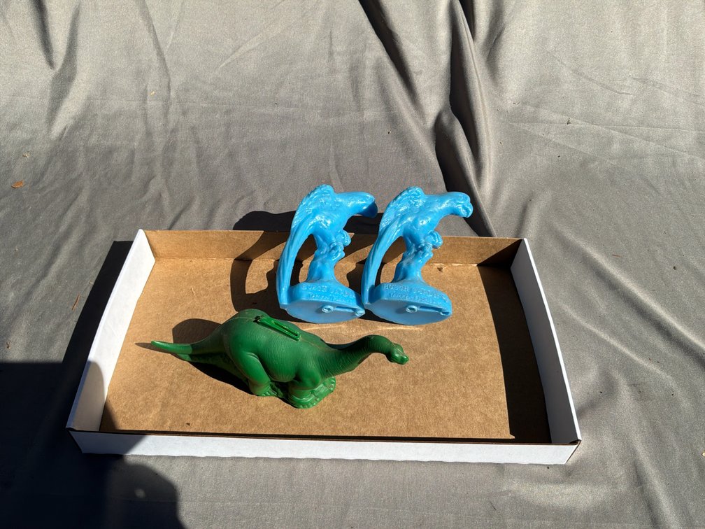 Molded Plastic Bird Figurines and Dinosaur Coin Bank