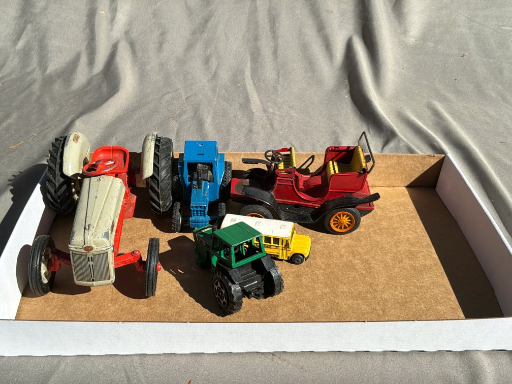 Diecast Toy Tractors, Touring Car, and School Bus