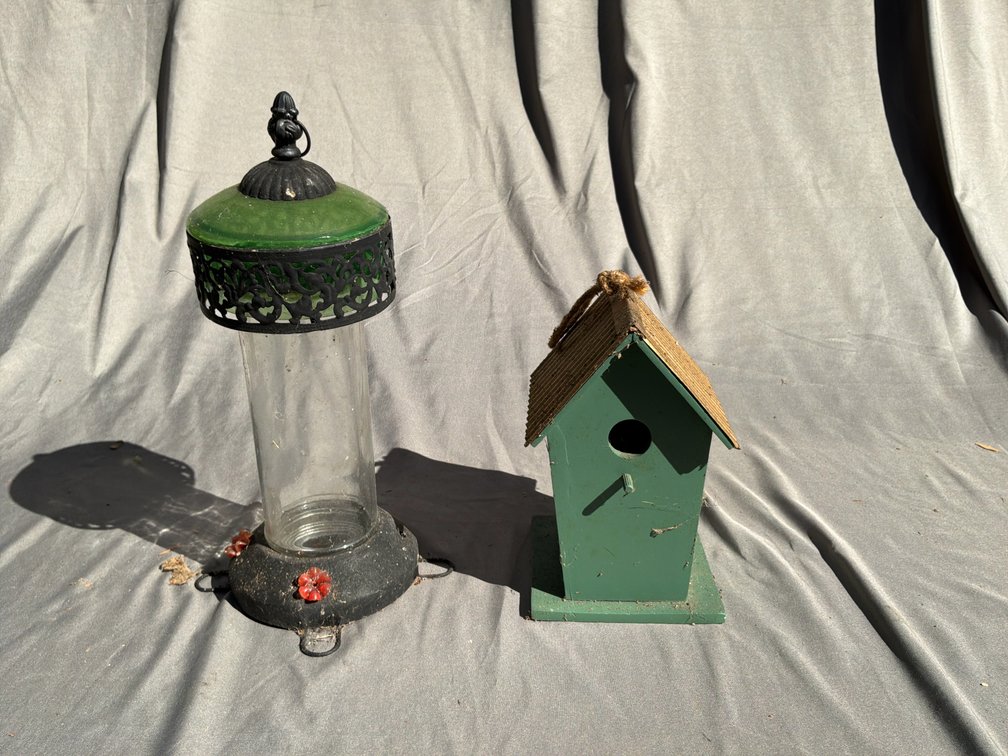 Glass Hummingbird Feeder and Wooden Birdhouse