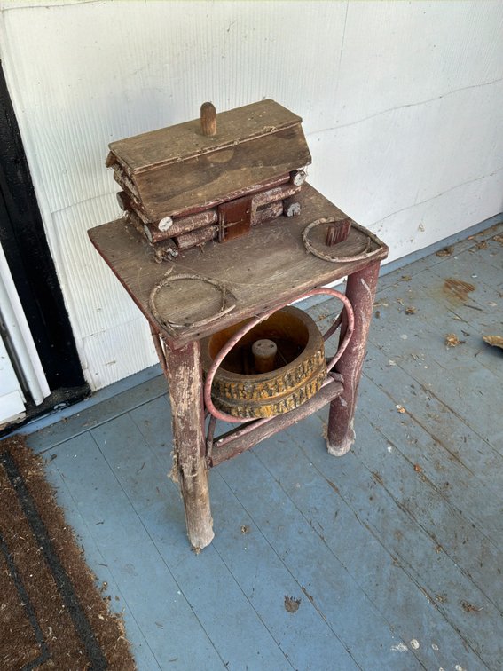 Rustic Twig Stand with Miniature Log Cabin and Bowl