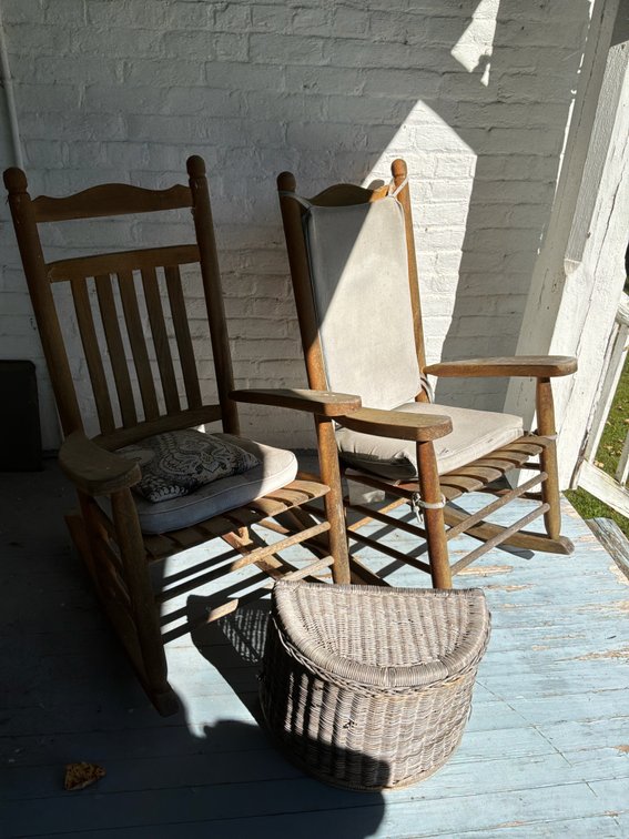 Pair of Wooden Rocking Chairs and Wicker Footstool