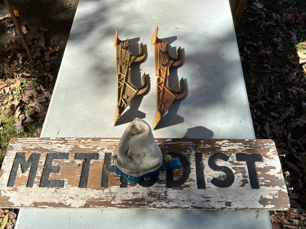 Wooden Methodist Sign, Gun Rack Brackets, and Pneumatic Fitting