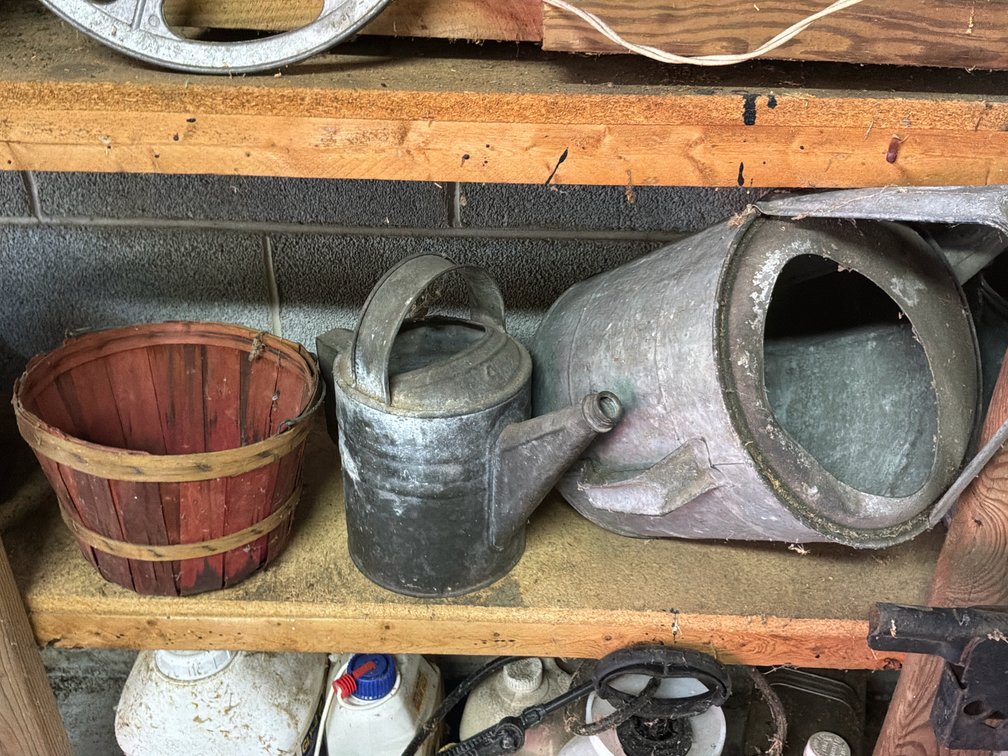Wooden Slat Basket and Galvanized Metal Watering Cans