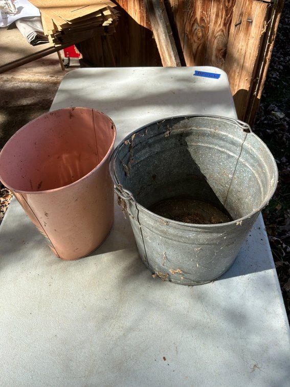 Painted Metal Floral Planter and Galvanized Bucket