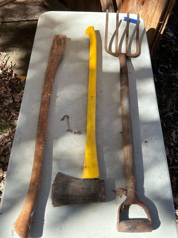 Axe, Four-Tine Pitchfork, and Wooden Tool Handle