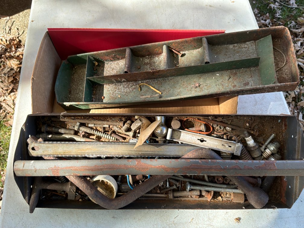 Metal Tool Tote with Tray, Hand Tools, and Hardware