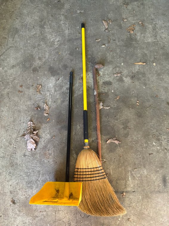 Corn Broom, Upright Lobby Dustpan, and Snake Cane