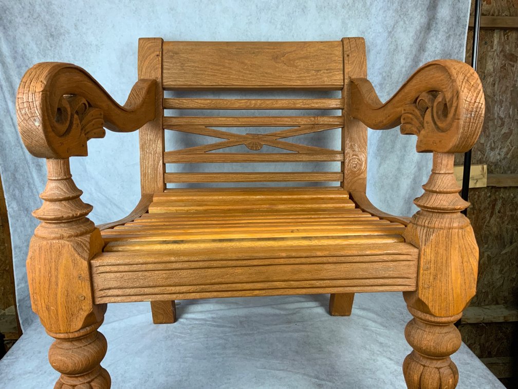 Teak and Oak Carved Wooden Armchair