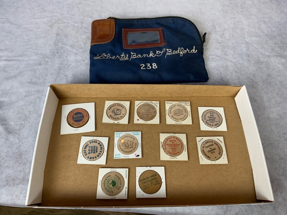 Wooden Nickels and Bank Pouch