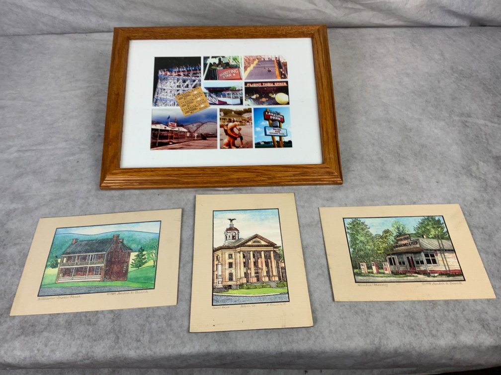 Framed Photo Collage and 3 Watercolor Prints