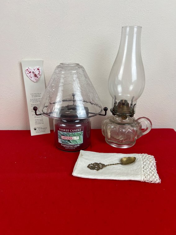 Decorative Lot: Hurricane Lamp, Candle, Spoon