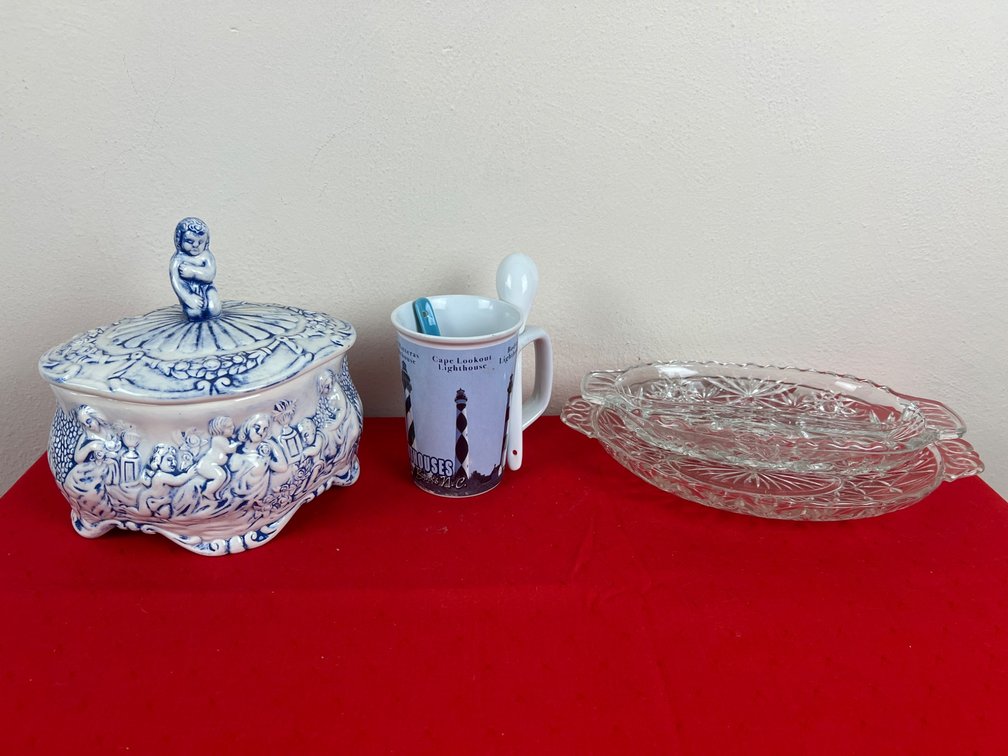 Ceramic Jar, Souvenir Mug, and Glass Trays
