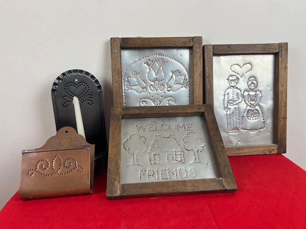 Wood-Framed Tin and Copper Folk Art Decor