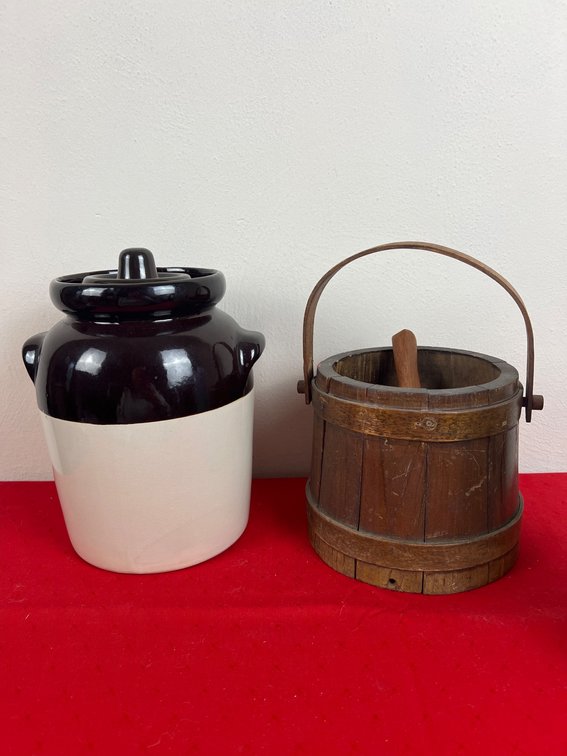 Stoneware Crock and Wooden Bucket Set