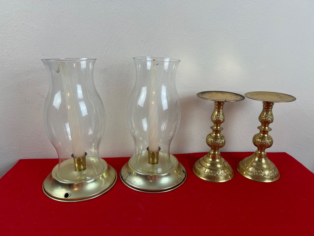 Brass Candle Holders and Hurricane Lamps