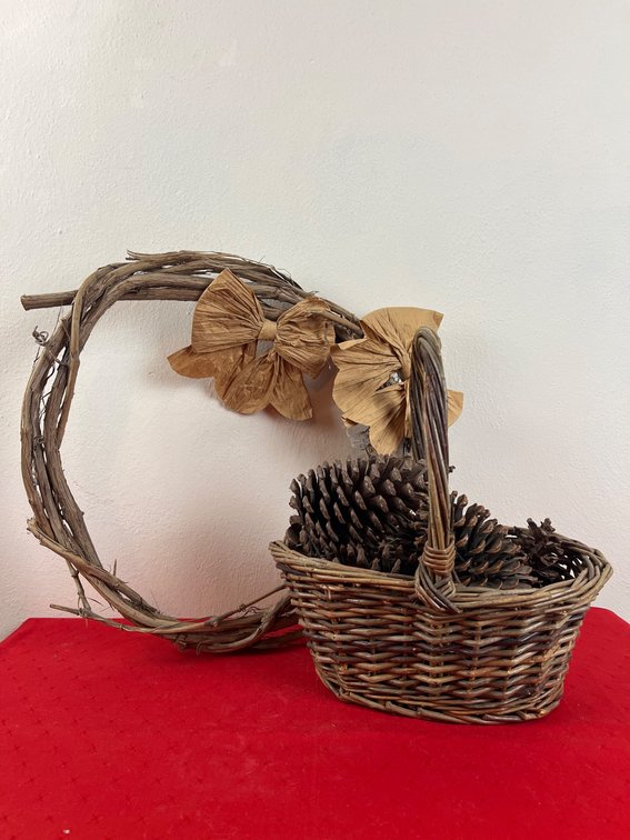 Wicker Basket, Grapevine Wreath, and Pinecones