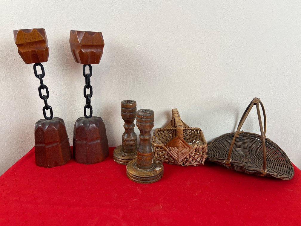 Wood Decor Set with Candlesticks and Baskets