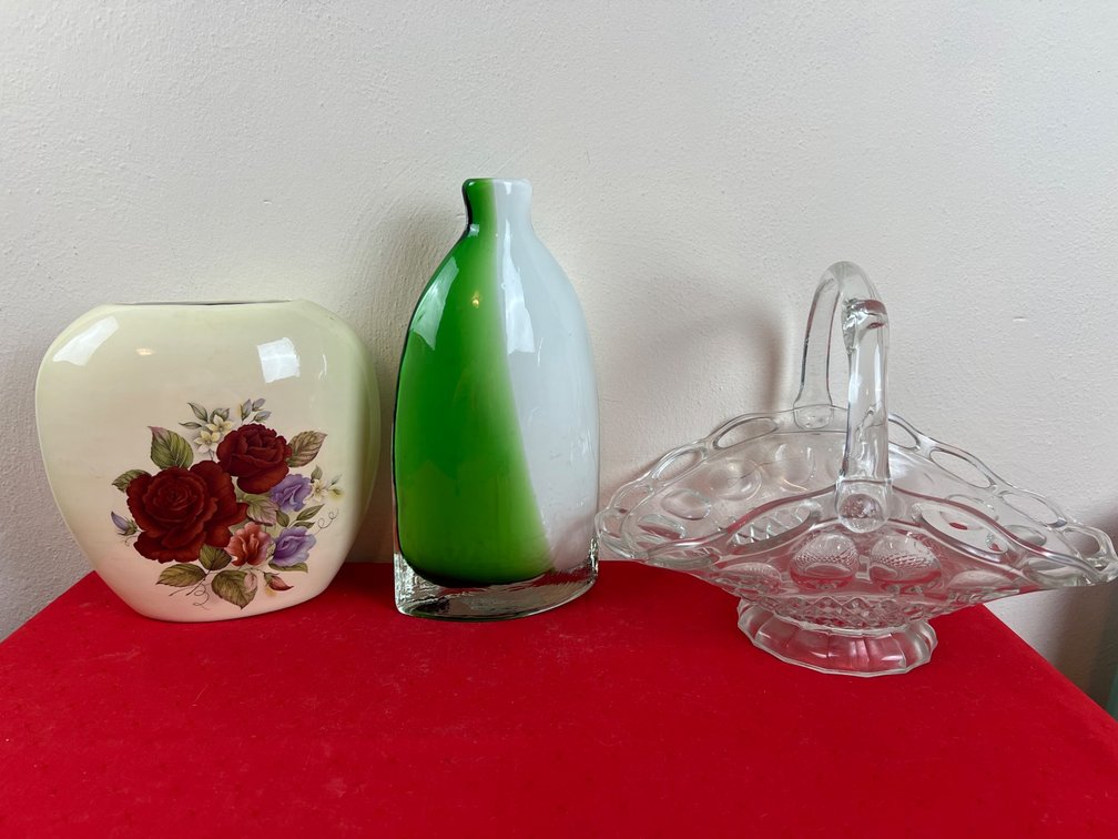 Ceramic Vase, Glass Vase, and Cut Glass Basket