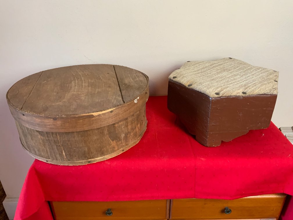 Wooden Footstool and Cheese Box Duo