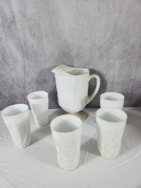 Milk Glass Pitcher and Five Glasses Set