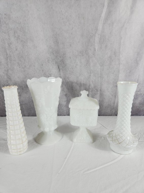 Milk Glass Vases and Covered Candy Dish