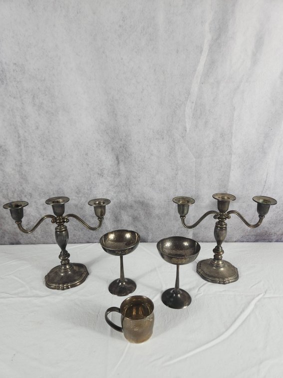 Silver Plated Candelabras, Cup, and Goblets