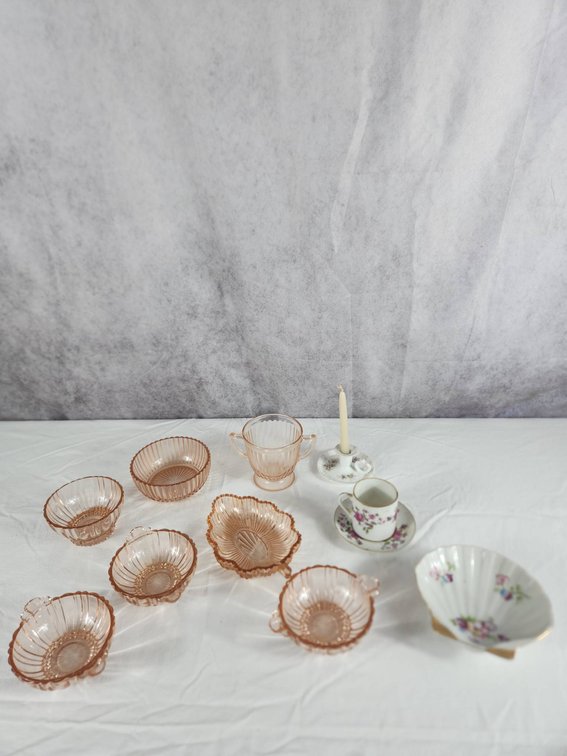 Seven Pink Depression Glass Items
