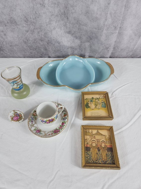 Fire King Blue Relish Dish and Assorted Decor