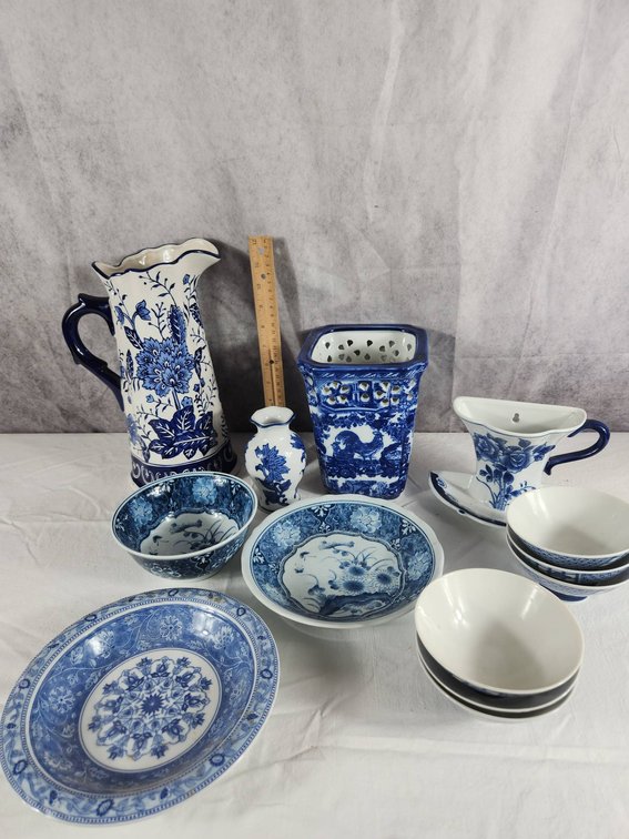 Blue and White Ceramics, Pitcher, Vases, and Bowls