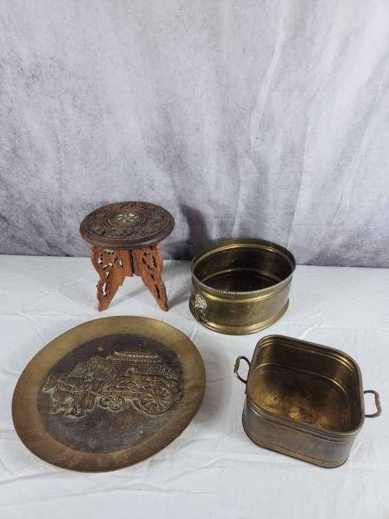 Decorative Stool, Metal Containers, and Platter