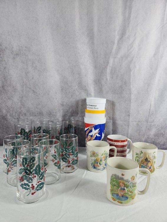 Indiana Glass Holly Tumblers with Assorted Cups