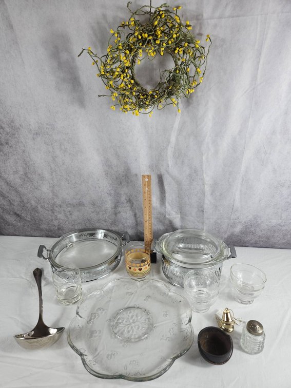 Two Casserole Dishes, Glassware, and Decor