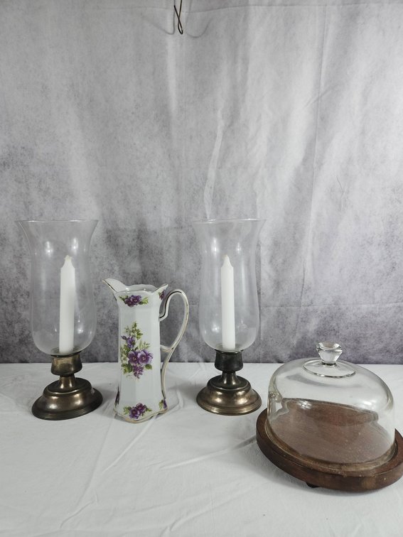 Cheese Dome, Floral Pitcher, Silver Plated Hurricane Candle Holders