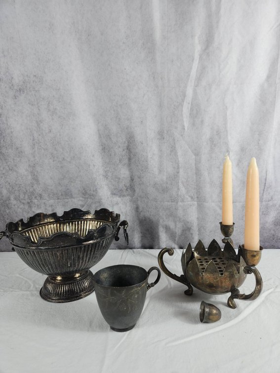 Silver-Plated Cup, Bowl, and Flower Holder