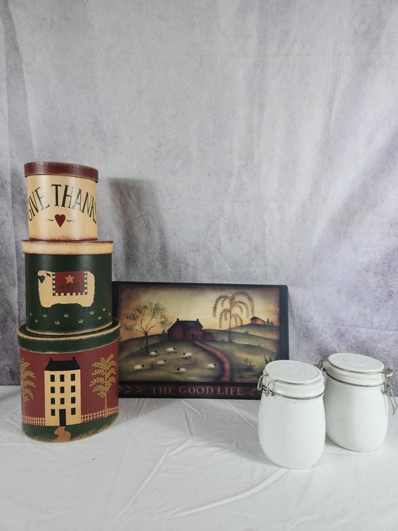 Milk Glass Canisters, Decorative Containers, and Sign