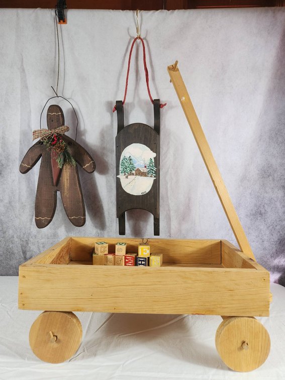 Wooden Wagon, Decorative Sled, and Gingerbread Man