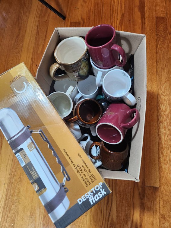 Box Lot of Coffee Cups and Coffitti Desktop Flask