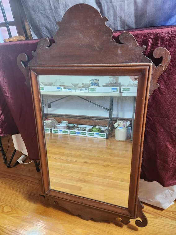 Wood Framed Mirror with Scrolled Crest