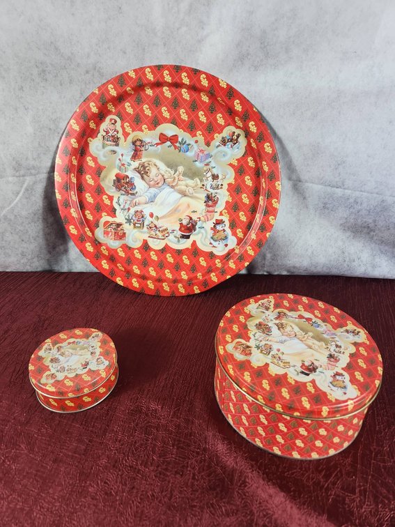 Decorative Tin Tray, Box, and Coasters Set