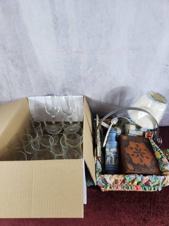 Boxed Glassware and Basket with Decor Items