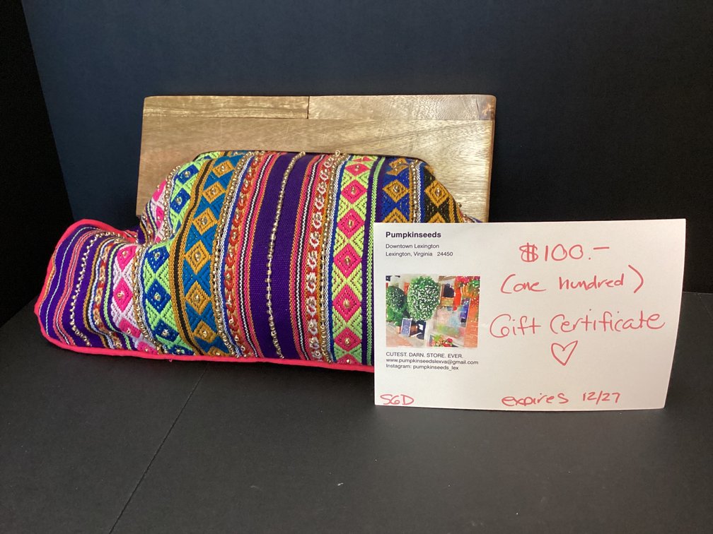 Embellished textile purse and $100 gift certificate from Pumpkin Seeds